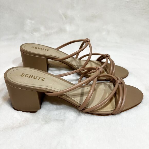 Schutz Princey Leather Sandals Shoes Block Heels Women’s 10 B True Beige Tan - Picture 2 of 11